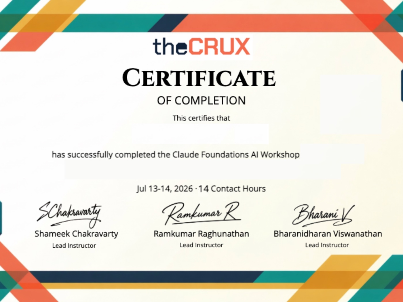 theCRUX certificate of completion, signed by the three lead instructors